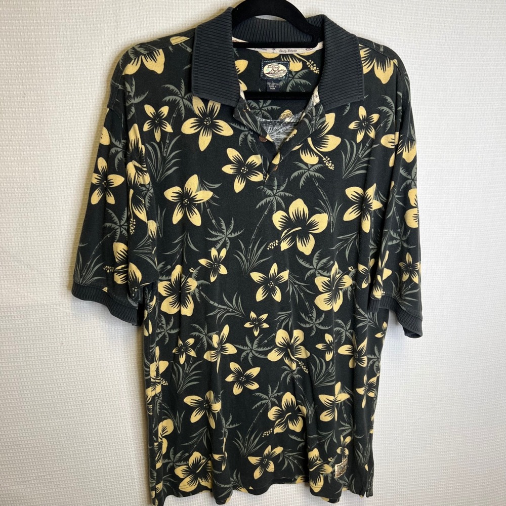 Tommy Bahama Mens Large Tropical Hibiscus Palm Tree Cotton Polo Shirt Black